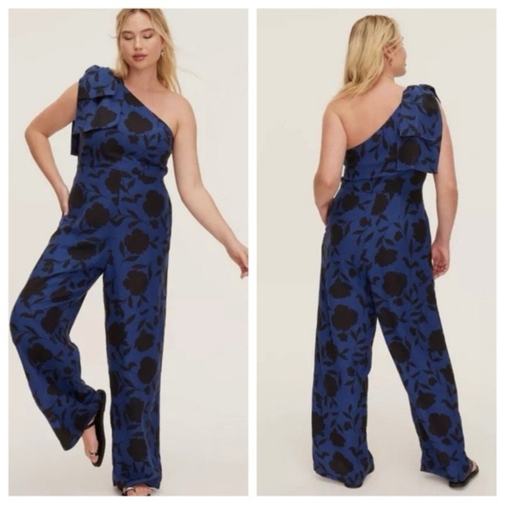 kate spade Blue and Black One-Shoulder Floral Jumpsuit